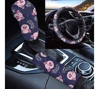 Binienty Universal Fit Auto Steering Wheel Cover+ Shift Knob Cover+ Handbrake Protector, Cartoon Pink Pig Print, 3 Pcs, Durable Soft