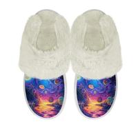 Binienty Universe Planet Slippers for Men Women Indoor Memory Foam Fuzzy Slippers Causal Slip House Shoes for Women Walking Gardening, Size 2.5-3.5