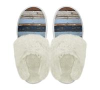 Binienty Vintage Woodgrain Print Winter Fleece Fuzzy Slippers Women Warmth Flannel Lining Indoor Slippers with Fur Edge Casual Flat Clog Shoes for Nighttime Dog Walks & Cabin Retreats, Size 4.5-5.5