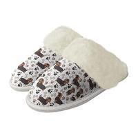Binienty White Dachshund Fuzzy House Shoes for Women Indoor - Girls Ladies Fluffy Slippers with Anti-Skid Sole for Bedtime Stories and Sofa Lounging, Size 6.5-7.5