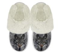 Binienty Wolf Head Pattern Fuzzy Slippers Men Women All-Season Thick Sole Plush House Slippers with Fur Edges for Backyard BBQs and Home Floors, Size 6.5-7.5