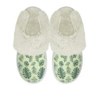 Binienty Women's Frost Guard Fuzzy Slippers, Green Banana Leaf Printed Travel Slides Closed Toe Indoor Plush Fluffy Warm Slippers for Drafty Bay Windows & Sunroom Coffee, Size 4.5-5.5