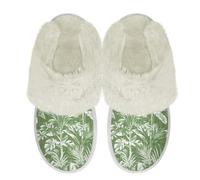 Binienty Women's Frost Guard Fuzzy Slippers, Green Tropical Leaf Lightweight Travel Slides Closed Toe Indoor Plush Fluffy Warm Slippers for Drafty Bay Windows & Sunroom Coffee, Size 6.5-7.5