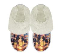 Binienty Women's Fuzzy Scuff Slippers Tropical Sunset Scenery Print Soft Comfy Memory Foam Fluffy Sippers Closed Toe Slip-Ons for Vacation Picnic Camping, Size 9.5-10.5