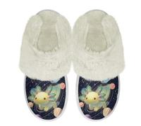 Binienty Women's Girl's Galaxy Planet Axolotl Fluffy Fuzzy Slipper, Comfort Slip on House Slippers for Ladies Teens Indoor Outdoor Non-Slip Shoe, Size 2.5-3.5
