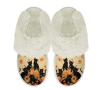 Binienty Women's Memory Foam House Bedroom Slippers, Black Cat Pumpkin Fuzzy Plush Slippers for Ladies Comfy Faux Fur Lined Slide Shoes, Holiday Gifts, Size 6.5-7.5