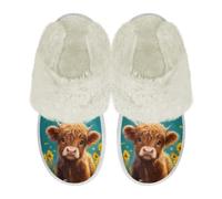 Binienty Women's Plush Fuzzy Slip on Indoor Outdoor Highland Cow Animal Print Winter House Slippers Non-Slip Memory Foam Sole for Hotel Home Bedroom Living Room