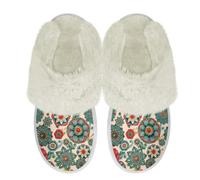 Binienty Women's Tribal Ethnic Mandala Fuzzy Fur Edge Loafer Slippers with Memory Foam Cozy Soft Indoor Plush Bedroom House Shoes with Flannel Lining Keep Feet Warming, Size 7.5-8.5