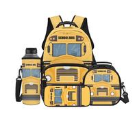 Binienty Yellow Kids Boys Backpack Set 4Pcs School Bus Print Book Bag with Lunch Box Pencil Case Water Bottle Sleeve Elementary Daypack Back to School Season Supplies