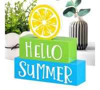 Biniveil Hello Centerpieces for Dining Room Table, Lemon Themed Decorations for Home, Wooden Tiered Tray Board, Colorful Holiday Ornament Home Tabletop Decor for Entryway Mantel Fireplace Shelf Beach