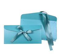 BINLINHONGO 5 Pcs Ribbon Bow Kraft Paper Envelope, Thick Pearlescent Colour Envelopes for Greeting Cards, Festival Supplies, Birthday/Party/Wedding Invitations, Blue