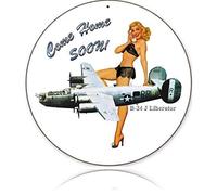 BinLtd B-24 Come Home Soon Round - Pin-Up Girl Vintage Style Metal Signs As Wall Decor, Decorative Retro Coffee Bar Sign, 12 x 12 Inches