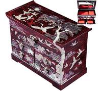 BinNADA Large Mother of Pearl Anitique Jewelry Box with drawers Wooden Jewelry Organizer Decorative Storage Perfect Necklace, Ring, Earring Holder korean traditional gift (Red)