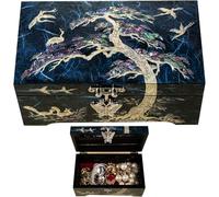 BinNADA Mother of Pearl Vintage Jewelry Box Trinket box with lid Asian Pine Tree Abalone Shell Holder Unique Oriental decor jewellery storage Korean gift (Blue)