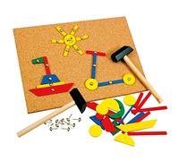 Bino 82188 Hammer and Nails Game. Cork Board Tap Art Set 243 Colorful Wooden Pieces in Different Shapes and Mini Tools. Creative Toy for Children from 36 Month, Multicolour, 1 Stück (1er Pack)