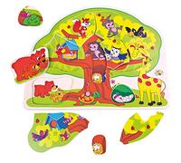 Bino 88119 - Wooden Inset Puzzle Tree, 12 pieces. Wooden Jigsaw For Children With Animals For Practicing Fine Motor Skills. Size: 30 × 22,5 × 1 cm.
