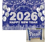 BINQOO 2026 New Year Eve Backdrop Black Gold Happy New Year Photo Background City Night Scene Countdown Cheer to 2026 Party Decorations Banner Booth Props (Blue, 8x6FT(94 x 70 inch))