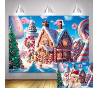 BINQOO 7x5FT Christmas Candy Town Backdrop Cartoon Gingerbread House Lollipop Xmas Tree Background Candy World Sweet Xmas Child Winter Holiday Photo Booth Banner