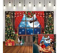 BINQOO 7x5ft Christmas Red Curtain Backdrop Full Moon Starry Sky Sleigh Reindeer Backdrop Sparkle Xmas Tree Happy New Year Gifts Photoshoot Photo Studio Props