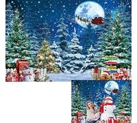 BINQOO Christmas Eve Forest Snow Scene Backdrop Winter Pine Tree Natural Landscape Background Family Xmas Sled Full Moon Night Party (blue, 7x5FT)