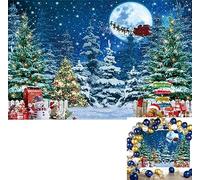 BINQOO Christmas Eve Forest Snow Scene Backdrop Winter Pine Tree Natural Landscape Background Family Xmas Sled Full Moon Night Party (blue, 8x6FT)