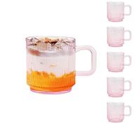 binsakao Glass Coffee Mugs 6 Pack - 340 ml Pink Coffee Cups with Handles - Classic Vertical Stripes Transparent Tea Cup Set for Hot Cold Beverages