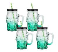 binsakao Halloween Cups Set of 4 - Green Skull Glass Drinking Jar with Lids and Straws - Halloween Decor, Drinking Glasses 16 oz