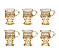 binsakao Tea Glasses Set of 6 - Turkish Moroccan Tea Cups with Handle - 150 ml Espresso Cups - Footed Glass Coffee Mugs for Hot Cold Beverages Drinks (Amber)