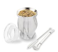 Binsakao Yerba Mate Gourd Cup Set, Stainless Steel Double-Walled Yerba Mate Tea Cup with Lid & Cleaning Brush, 8.4 oz (White)