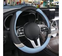 Binsheo Cute Leather Car Steering Wheel Cover for Girls Bear Ears Shape Steering Wheel Protector Breathable Universal Fit for Most Cars,Black and Sky Blue