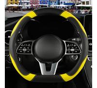 Binsheo Microfiber Leather D Shaped Steering Wheel Cover, Breathable, Anti Slip, 13.5 inch to 14 inch, Black with Yellow