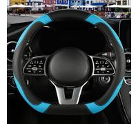 Binsheo Microfiber Leather D Shaped Steering Wheel Cover, Breathable, Anti Slip, 13.5 inch to 14 inch, Black with Blue