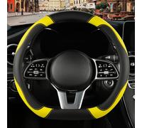Binsheo Microfiber Leather D Shaped Steering Wheel Cover, Breathable, Anti Slip, Universal 15 inch, Black with Yellow