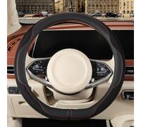 Binsheo Nappa Leather Black D Shape Steering Wheel Cover, Advanced Microfiber Leather Non-Slip Breathable Fabric, Warm in Winter and Cool in Summer, Universal 15 inch