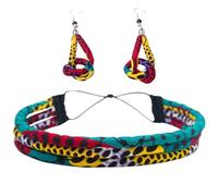 BintaRealWax Women's African Cotton Printed Turban Earrings Set Three Strand Rope Adjustable Hairband Earrings 3PS