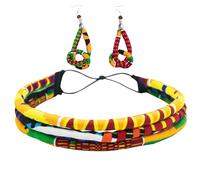 BintaRealWax Women's African Cotton Printed Turban Earrings Set Three Strand Rope Adjustable Hairband Earrings 3PS