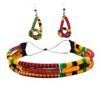 BintaRealWax Women's African Cotton Printed Turban Earrings Set Three Strand Rope Adjustable Hairband Earrings 3PS