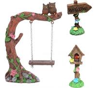 Binwat Miniature Fairy Garden Swing, Flower Tree Swing Figurine, Handmade Resin for Micro Landscape Courtyard Garden Outdoor Display Decor, Dollhouse Decorative Mini Furniture (3Pcs Set)