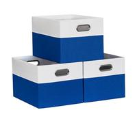 BinWhiz 3 Pack Clothing Storage Bins, Rectangle Large Storage Baskets with Metal Handle, Collapsible Storage Organiser Bins, Fabric Storage Bins for Shelf, Closet, Office 38x28x24 cm (White & Blue)