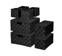 BinWhiz Set of 8 Woven Storage Box, Multi-size Polypropylene Hand-woven Ribbon Storage Basket Bin Container for Closet, Office, Table Organization, Length 5.1 to 13 in, Black