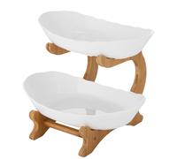 binxun 2-Tier Fruit Bowl with Bamboo Wood Stand, White PP Bowls, Modern Style, 28x18.8x6cm, Tabletop Organizer Wooden Fruit Bowl for Kitchen and Dining