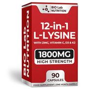 BIO LAB NUTRITION L-Lysine 1600mg High Strength - Advanced 12-in-1 Complex for Lip & Skin Health - with Zinc, Vitamin C, D3 & Lemon Balm - Triple UK Lab Tested - 60 Vegan Capsules