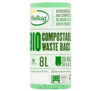 BioBag 8L Compostable Caddy Liners - 25 Bags per Roll - 100% Biodegradable Bin Bags - OK Compost HOME Certified - 390 x 410mm - Green
