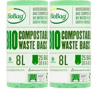 BioBag 8L Compostable Caddy Liners - 25 Bags per Roll - 100% Biodegradable Bin Bags - OK Compost HOME Certified - 390 x 410mm - Green (Pack of 2)