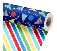BIOBROWN Birthday Wrapping Paper Roll, Reversible Kids Birthday Gift Wrap with Party Hats Balloons and Stripes, Colorful Fun Birthday Party Wrapping Paper for Boys and Girls, 43cm x 10m