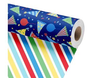 BIOBROWN Birthday Wrapping Paper Roll, Reversible Kids Birthday Gift Wrap with Party Hats Balloons and Stripes, Colorful Fun Birthday Party Wrapping Paper for Boys and Girls, 43cm x 10m