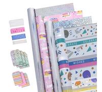 BIOBROWN Birthday Wrapping Paper Roll Set - Premium Gift Wrap Bundle 4 Rolls, 5 square meters with Cake Design Wrapping Paper, Ribbons and Tags, for Party Wedding