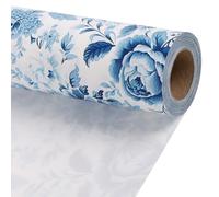 BIOBROWN Floral Wrapping Paper Roll 43cm x 10m Blue White Peony Design Chinoiserie Flower Gift Wrap Stone Paper for Wedding, Bridal Shower Favors, Mother's Day