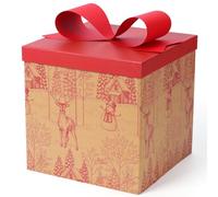 BIOBROWN Large Gift Boxes with Lids, 25 x 25 x 25 cm Rustic Red Winter Toile Theme with Deer Design Folding Square Boxes for Decorative Xmas Present