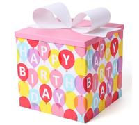 BIOBROWN Medium Birthday Gift Boxes with Lids for Presents, 22 x 22 x 22 cm Pink Balloon Design Collapsible Gift Box for Birthday, Baby Shower, Party